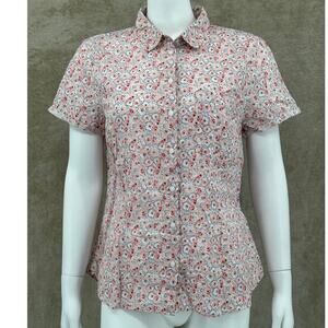 H&M‎ LOGG Top Womens 14 Pink Button Up Floral Slim Fit 100% Cotton Office Summer